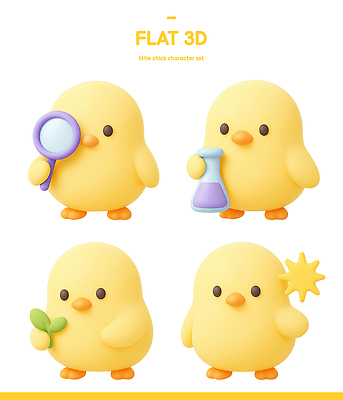 PSD 동물 편집이미지 캐릭터 디자인 별 잎 3D캐릭터 병아리 3D 귀여움 표현 약병 작품 확대경 편집3D 자연요소 식물 컨셉 조류 미술 약 디지털합성 병_담는 파일형식