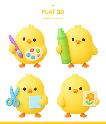 PSD 편집이미지 캐릭터 종이 모션 놀이 색연필 3D캐릭터 병아리 노란색 귀여움 물감 도구 그림 상상력 편집3D 컬러 컨셉 조류 학용품 3D 미술도구 파일형식