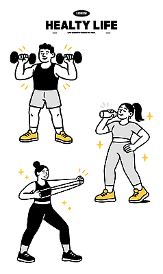 여자 남자 다이어트 일러스트 모션 건강 사람 일상 운동복 운동 헬스 스트레칭 아령 웨이트트레이닝 도둑 물병 연습 체육관 규칙 국내일러스트 AI파일 옷 라이프 범죄인 물통 파일형식 벡터