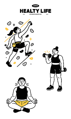 캐릭터 라이프스타일 포즈 일러스트 모션 스트레스 건강 취미 운동복 운동 헬스 힘 아령 몸무게 균형 도둑 암벽 연습 즐거움 명상 국내일러스트 AI파일 옷 감정 생활 범죄인 파일형식 벡터