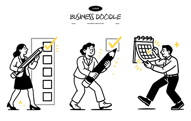 일러스트 비즈니스 협력 아이디어 사람 펜 달력 도구 업무 작업 사무 발표 목표 계획 완료 그림 진행 제안 창의성 체크리스트 국내일러스트 AI파일 컨셉 필기구 파일형식 벡터