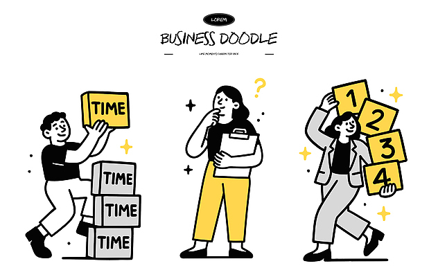 생각 일러스트 비즈니스 모션 협력 아이디어 관리 사람 상자 숫자 도구 시간 작업 조직 쓰는 목표 계획 고민 전략 창의성 효율 국내일러스트 AI파일 문자 감정 컨셉 파일형식 벡터