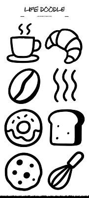 커피 음료 빵 스티커 일러스트 주방용품 아침 디저트 샌드위치 요리 일상 과자 카페 도넛 스케치 크루아상 굽기 즐거움 오브젝트 거품기 머핀 국내일러스트 AI파일 주간 감정 음식 생활용품 미술 라이프 상점 구이 파일형식 벡터