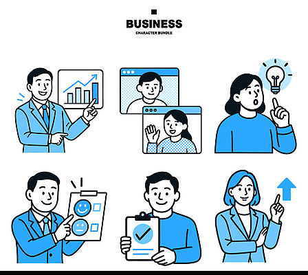 캐릭터 일러스트 비즈니스 모션 통계 회의 그래프 협력 아이디어 직장 사람 업무 프레젠테이션 보고서 그림 소통 문제해결 영상통화 의사소통 체크리스트 피드백 국내일러스트 AI파일 컨셉 회사 작업 통화 파일형식 벡터