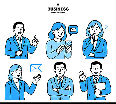 캐릭터 생각 일러스트 비즈니스 모션 회의 표정 대화 웃음 사람 손짓 스마트폰 사무실 자료 업무 메시지 이메일 질문 문제 소통 국내일러스트 AI파일 컨셉 말하기 핸드폰 스마트기기 작업 파일형식 벡터