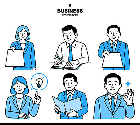 캐릭터 여자 남자 일러스트 비즈니스 회의 협력 아이디어 대화 미소 사무실 공책 자료 기록 업무 발표 프레젠테이션 문서 국내일러스트 AI파일 컨셉 문구용품 표정 말하기 사람 작업 파일형식 벡터