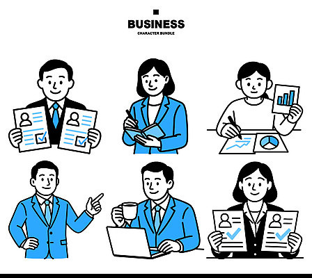 직업 캐릭터 일러스트 비즈니스 회의 그래프 협력 실험 대화 사무실 판매 자료 기록 업무 계획 고객 프레젠테이션 분석 보고서 전략 마케팅 국내일러스트 AI파일 컨셉 말하기 작업 파일형식 벡터