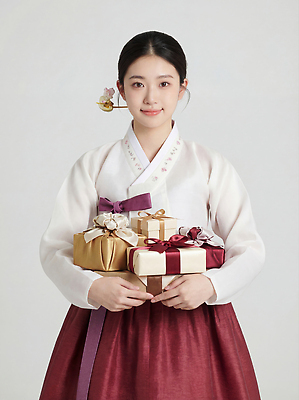 한국전통 전통 명절 기념일 감정 아시아 표정 사람 전통의상 CG 파일형식 여자 한복 선물 포장 축제 한국 문화 옷 이벤트 웃음 기쁨 종이 리본 디자인 편집실사 JPG 편집이미지 의료성형뷰티 설날 새해