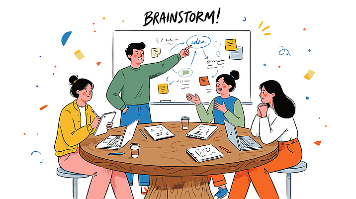 커피 일러스트 탁자 회의 협력 아이디어 직장 여러명 노트북 컴퓨터 기록 메모지 토론 회의실 문서 화이트보드 이미지 공유 브레인스토밍 국내일러스트 AI파일 음료 가구 다수 컨셉 회사 비즈니스 사람 전자제품 사무용품 파일형식 벡터