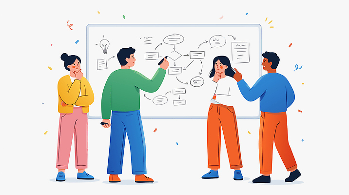 다수 컨셉 회사 비즈니스 모션 말하기 사람 파일형식 벡터 협력 회의 아이디어 화이트보드 여러명 토론 설명 그룹 대화 작업 직장 생각 계획 발표 정보 전략 브레인스토밍 의견 관리자 국내일러스트 AI파일 일러스트