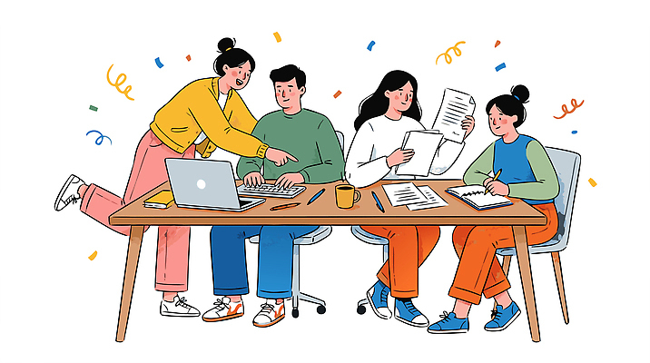 여자 남자 일러스트 회의 협력 아이디어 실험 대화 여러명 노트북 학습 사무실 카페 시간 작업 집중 문서 국내일러스트 AI파일 교육 다수 컨셉 비즈니스 말하기 사람 전자제품 상점 파일형식 벡터