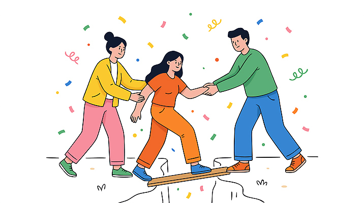 일러스트 모션 협력 함께함 미소 안전 여러명 친구 손잡기 축제 기쁨 도전 그룹 균형 즐거움 나무판자 색종이 건너기 긍정적 지원 국내일러스트 AI파일 감정 종이 다수 컨셉 관계 표정 사람 목재 파일형식 벡터