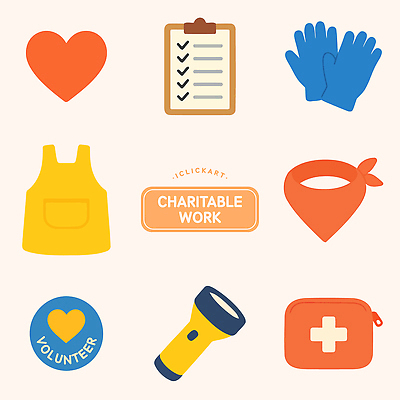 문자 잡화 감정 컨셉 무선통신 봉사 도움 파일형식 벡터 도구 체크리스트 장갑 앞치마 자선 모션 기호 무전기 후원 커뮤니티 건강 안전 자원 협력 필요 기부 실천 일러스트 국내일러스트 AI파일 나눔 사랑