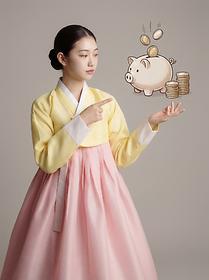 JPG 편집이미지 손 분홍색 백그라운드 돈 소녀 치마 노란색 저금통 가리킴 한복 오른쪽 저고리 단순화된 세기 의료성형뷰티 편집실사 한국전통 여자 어린이 컬러 모션 하의 손짓 신체부위 저축 재산 전통의상 방향 CG 파일형식