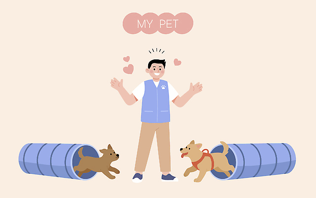 동물 남자 행복 반려견 일러스트 모션 웃음 사람 반려동물 장난감 기쁨 시간 개 놀이터 연습 즐거움 튜브 놀기 국내일러스트 AI파일 감정 포유류 놀이 표정 파일형식 벡터