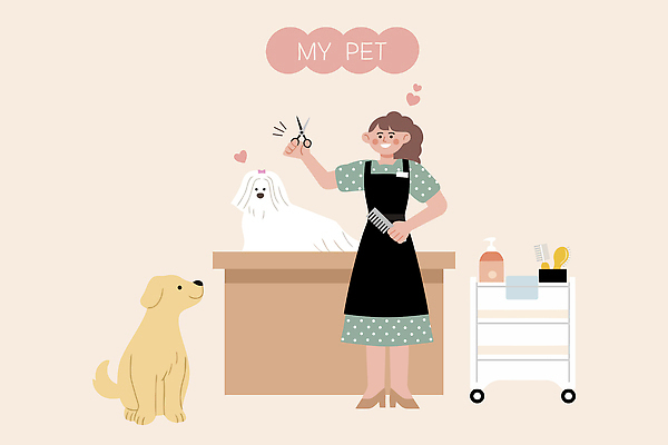 동물 직업 반려견 일러스트 가족 모션 탁자 바닥 사랑 사람 반려동물 뷰티 귀여움 목욕 도구 개 강아지 미용실 미용사 서비스 손질 국내일러스트 AI파일 감정 가구 컨셉 포유류 관계 청결 뷰티샵 파일형식 벡터