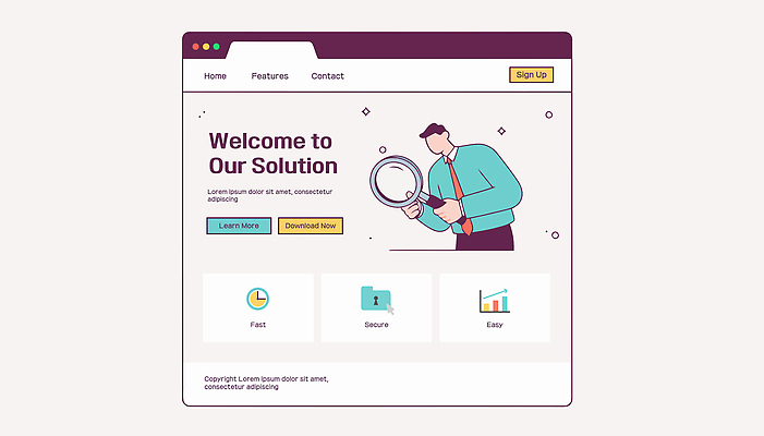 남자 일러스트 비즈니스 텍스트 버튼 수치 기술 홈페이지 자료 정보 연결 속도 보안 확대경 온라인 편리함 솔루션 사용자 국내일러스트 AI파일 컨셉 그래프 안전 사람 파일형식 벡터
