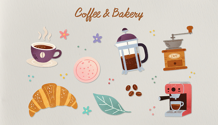 식물 디자인 꽃 커피 음료 음식 백그라운드 일러스트 디저트 카페 빵집 원두 커피잔 커피메이커 크루아상 즐거움 마카롱 카페인 프렌치프레스 국내일러스트 AI파일 감정 빵 잔 상점 커피용품 파일형식 벡터