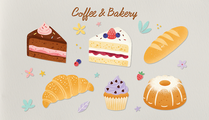 여유 커피 음식 빵 일러스트 디저트 사탕 과자 케이크 식사 빵집 선택 달콤 맛 크루아상 머핀 초코케이크 치즈케이크 생크림케이크 국내일러스트 AI파일 감정 음료 컨셉 상점 파일형식 벡터