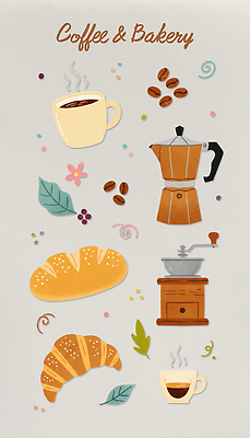 식물 디자인 커피 빵 컬러 일러스트 주방용품 카페 빵집 원두 맛 바게트 커피잔 커피메이커 크루아상 그림 제빵 국내일러스트 AI파일 음료 음식 생활용품 컨셉 잔 제과제빵 상점 커피용품 파일형식 벡터