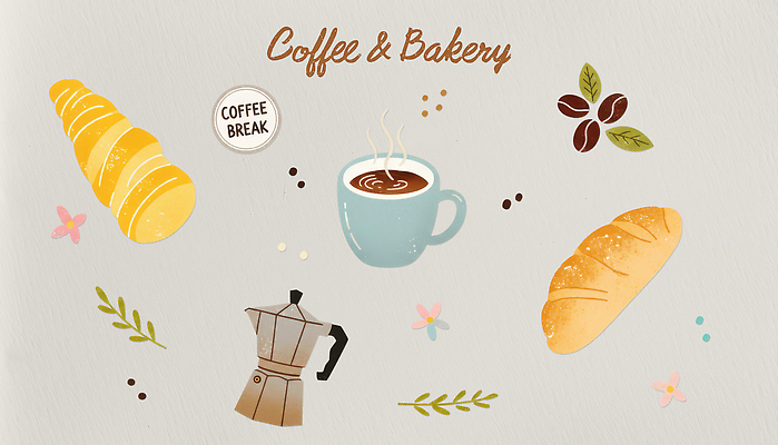 디자인 열매 커피 음료 음식 빵 일러스트 디저트 요리 식사 카페 연기 바게트 커피잔 크루아상 그림 작품 제빵 테마 국내일러스트 AI파일 식물 잔 미술 제과제빵 상점 파일형식 벡터