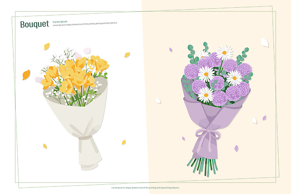 식물 직업 기념일 꽃 컬러 꽃다발 결혼 이벤트 취미 상점 파일형식 벡터 디자인 노란색 보라색 흰색 예시 도안 쇼핑 선물 장식 생화 원예 플로리스트 조화 꽃집 결혼식 생일 AI파일 국내일러스트 일러스트 부케