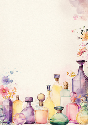 JPG 디자인 꽃 예술 컬러 백그라운드 일러스트 탁자 수채화 장식 여름 보라색 물감 분위기 배열 향수 장면 화사함 조화 창의력 향수병 스타일 국내일러스트 AI일러스트 AI콘텐츠 식물 계절 가구 컨셉 화장품 미술도구 병_담는 파일형식