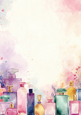 JPG 모양 디자인 꽃 예술 컬러 백그라운드 일러스트 자국 유리 수채화 장식 보라색 물감 뚜껑 배열 향수 그림 스프레이 화사함 창의성 향수병 국내일러스트 AI일러스트 AI콘텐츠 식물 컨셉 재질 화장품 미술도구 병_담는 파일형식