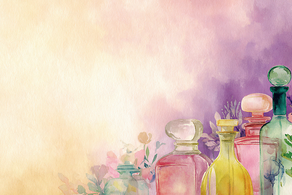 JPG 모양 식물 디자인 꽃 예술 컬러 백그라운드 일러스트 자연 탁자 수채화 장식 보라색 수집 향수 오브젝트 그림 조화 뷰티풀 향수병 국내일러스트 AI일러스트 AI콘텐츠 가구 화장품 생태계 병_담는 파일형식