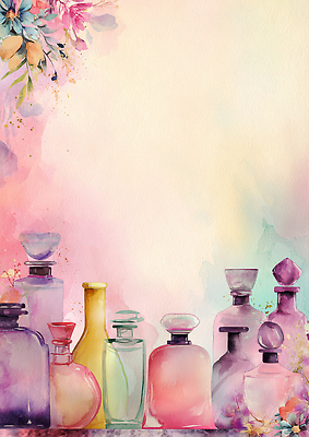 JPG 디자인 예술 컬러 백그라운드 일러스트 수채화 장식 보라색 물감 감각 화려 향수 향기 조화 색채 테마 향수병 스타일 국내일러스트 AI일러스트 AI콘텐츠 컨셉 화장품 미술도구 냄새 병_담는 파일형식