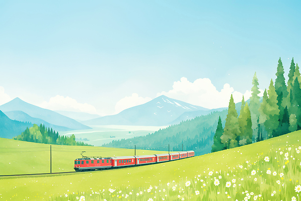 JPG 나무 여행 백그라운드 일러스트 자연 하늘 산 풍경 초원 초록색 여름 파란색 기찻길 기차 숲 기차역 기차여행 선로 풍경화 국내일러스트 식물 계절 육상교통 컬러 대중교통 역 그림 생태계 파일형식