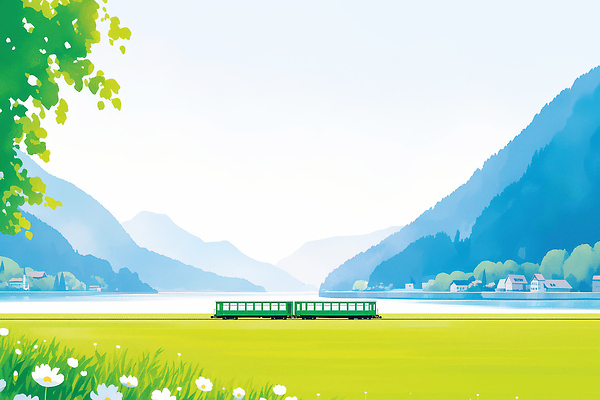 JPG 호수 여행 교통 일러스트 모션 자연 날씨 산 풍경 잔디 초원 여름 환경 산책 기찻길 기차 도시 기차여행 기후변화 국내일러스트 식물 계절 육상교통 휴식 대중교통 변화 생태계 파일형식