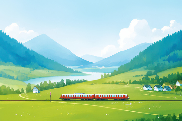 JPG 여행 이동 일러스트 자연 하늘 날씨 휴식 산 풍경 초원 초록색 여름 강 마을 기찻길 기차 대기 언덕 지역 기차여행 국내일러스트 계절 육상교통 컬러 컨셉 대중교통 생태계 파일형식