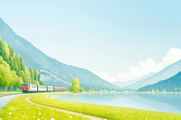 JPG 나무 길 호수 여행 이동 일러스트 자연 하늘 아침 산 풍경 해변 초록색 여름 파란색 태양 평화 기찻길 기차 기차여행 수평선 국내일러스트 주간 자연요소 식물 계절 육상교통 바다 컬러 컨셉 대중교통 생태계 파일형식