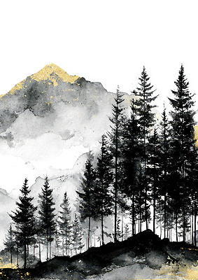 JPG 나무 예술 백그라운드 일러스트 자연 수채화 산 풍경 환경 검은색 숲속 숲 그림 조화 채색 풍경화 설산 국내일러스트 식물 컬러 미술 생태계 파일형식