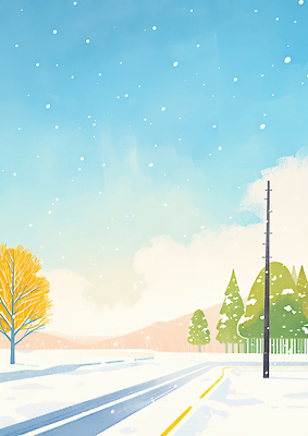 JPG 나무 계절 도로 길 컬러 백그라운드 설경 겨울 일러스트 자연 하늘 날씨 산 풍경 초록색 노란색 고요 도시 칼날 차가움 국내일러스트 AI일러스트 AI콘텐츠 식물 교통시설 생태계 파일형식