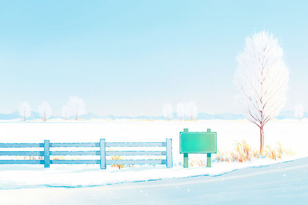 JPG 나무 도로 설경 겨울 일러스트 자연 하늘 날씨 풍경 파란색 울타리 시골 표지판 평지 단순화된 겨울풍경 국내일러스트 AI일러스트 AI콘텐츠 식물 계절 길 컬러 교통시설 알림판 담장 땅 생태계 파일형식