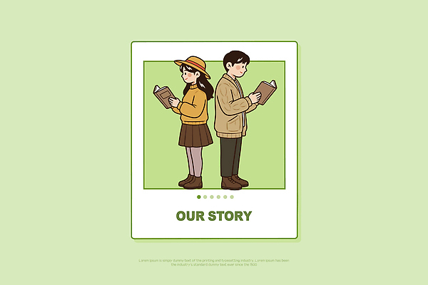 캐릭터 옷 여자 남자 문화 백그라운드 일러스트 모션 이야기 사람 취미 책 연두색 학습 독서 시간 추억 즐거움 그림 폴라로이드사진 스토리 관심 국내일러스트 AI파일 교육 감정 컨셉 초록색 폴라로이드 파일형식 벡터