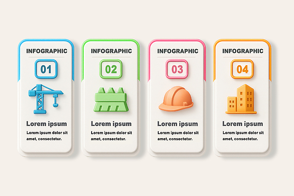 PSD 편집이미지 디자인 건축 컬러 건설업 공사 설명 자료 기계 인포그래픽 장비 정보 작업 구조물 안전모 단계 이미지편집 산업 모션 헬멧 안전장비 파일형식