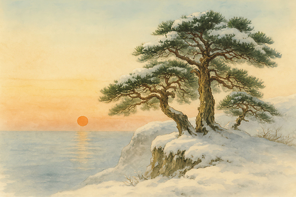 JPG 나무 예술 바다 컬러 겨울 일러스트 자연 하늘 수채화 미술 풍경 태양 주황색 일몰 소나무 수면 숲 조경 국내일러스트 AI일러스트 AI콘텐츠 자연요소 식물 계절 문화예술 물 노을 생태계 파일형식