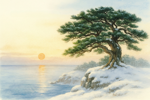 JPG 모양 나무 모래 바다 컬러 겨울 일러스트 자연 하늘 바람 풍경 해변 태양 일몰 소나무 숲 조용 조화 수목 수평선 국내일러스트 AI일러스트 AI콘텐츠 자연요소 식물 계절 날씨 노을 생태계 파일형식