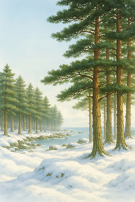 JPG 나무 겨울 일러스트 자연 아침 풍경 물 강 고요 공간 흰색 소나무 숲 방문 평면 겨울풍경 국내일러스트 AI일러스트 AI콘텐츠 주간 자연요소 식물 계절 컬러 생태계 파일형식