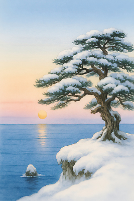 JPG 모양 나무 바다 겨울 일러스트 자연 하늘 조명 풍경 물 태양 고요 일몰 절벽 소나무 땅 차분 국내일러스트 AI일러스트 AI콘텐츠 자연요소 식물 계절 컨셉 노을 생태계 파일형식