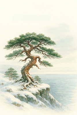 JPG 나무 식물 예술 바다 겨울 일러스트 자연 산 풍경 해변 파란색 절벽 소나무 조용 드로잉 수목 겨울풍경 국내일러스트 AI일러스트 AI콘텐츠 계절 컬러 미술 생태계 파일형식