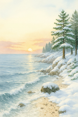 JPG 나무 물결 겨울 일러스트 자연 하늘 산 풍경 해변 태양 일몰 소나무 조용 국내일러스트 AI일러스트 AI콘텐츠 자연요소 식물 계절 바다 노을 생태계 파일형식