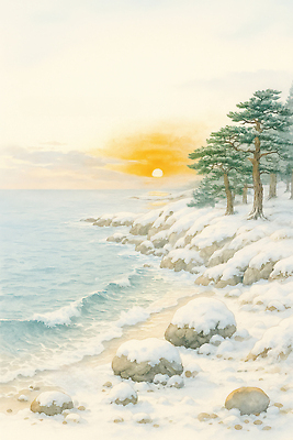 JPG 나무 바다 겨울 일러스트 자연 아침 풍경 해변 일출 소나무 산호 수평선 눈덮임 국내일러스트 AI일러스트 AI콘텐츠 주간 식물 계절 컨셉 노을 자포동물 생태계 파일형식