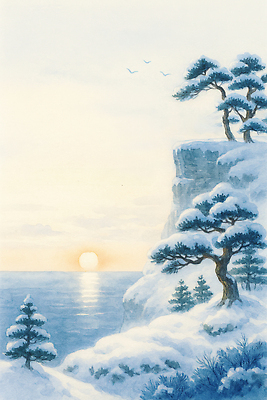 JPG 나무 파도 바다 컬러 겨울 일러스트 자연 하늘 바람 풍경 물 태양 일출 고요 일몰 절벽 돌_바위 소나무 철새 수목 국내일러스트 AI일러스트 AI콘텐츠 자연요소 식물 계절 조류 날씨 노을 생태계 파일형식