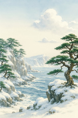 JPG 나무 바다 겨울 일러스트 자연 하늘 날씨 산 풍경 해변 강 일출 일몰 소나무 수면 수목 국내일러스트 AI일러스트 AI콘텐츠 식물 계절 물 노을 생태계 파일형식