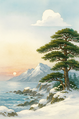 JPG 나무 바다 겨울 일러스트 자연 하늘 수채화 산 풍경 해변 태양 소리 일몰 소나무 차가움 그림 풍경화 국내일러스트 AI일러스트 AI콘텐츠 자연요소 식물 계절 노을 생태계 파일형식