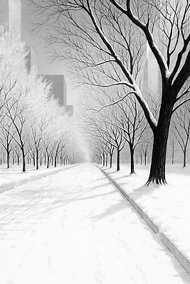 JPG 나무 도로 겨울 일러스트 자연 하늘 거리 풍경 빌딩 잔디 환경 산책로 흰색 나뭇가지 눈 도시 차가움 국내일러스트 AI일러스트 AI콘텐츠 자연요소 식물 계절 길 컬러 교통시설 날씨 건물 생태계 파일형식